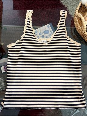 Navy & Tan Striped Tank Top with Lace Trim